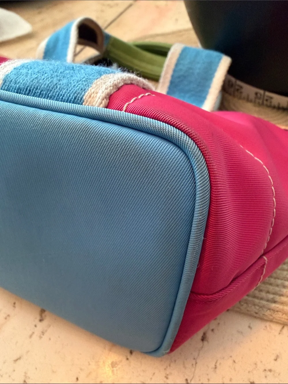 Coach Vintage Leatherware 2005 Pink and Blue Nylon Tote with Green Trim Retail